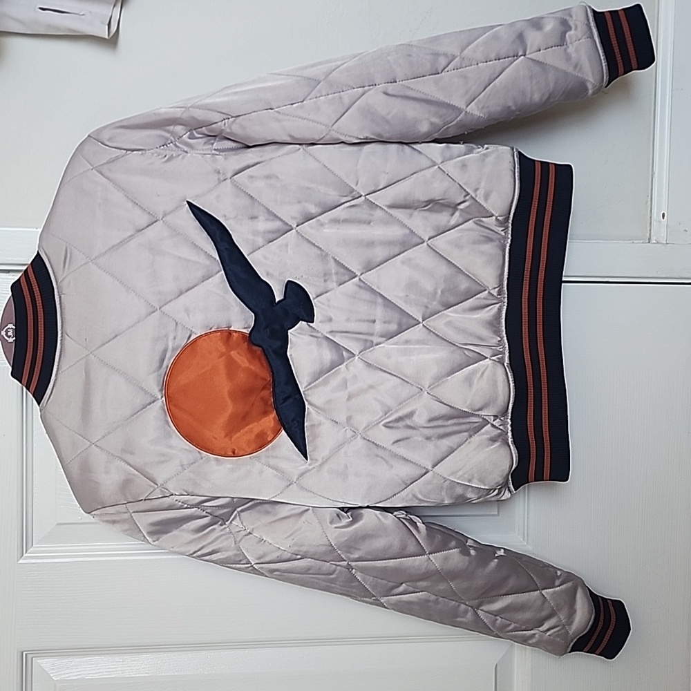 Original Classic Rock Couture, Quilted Satin Bomber Jacket, Silver Size Medium